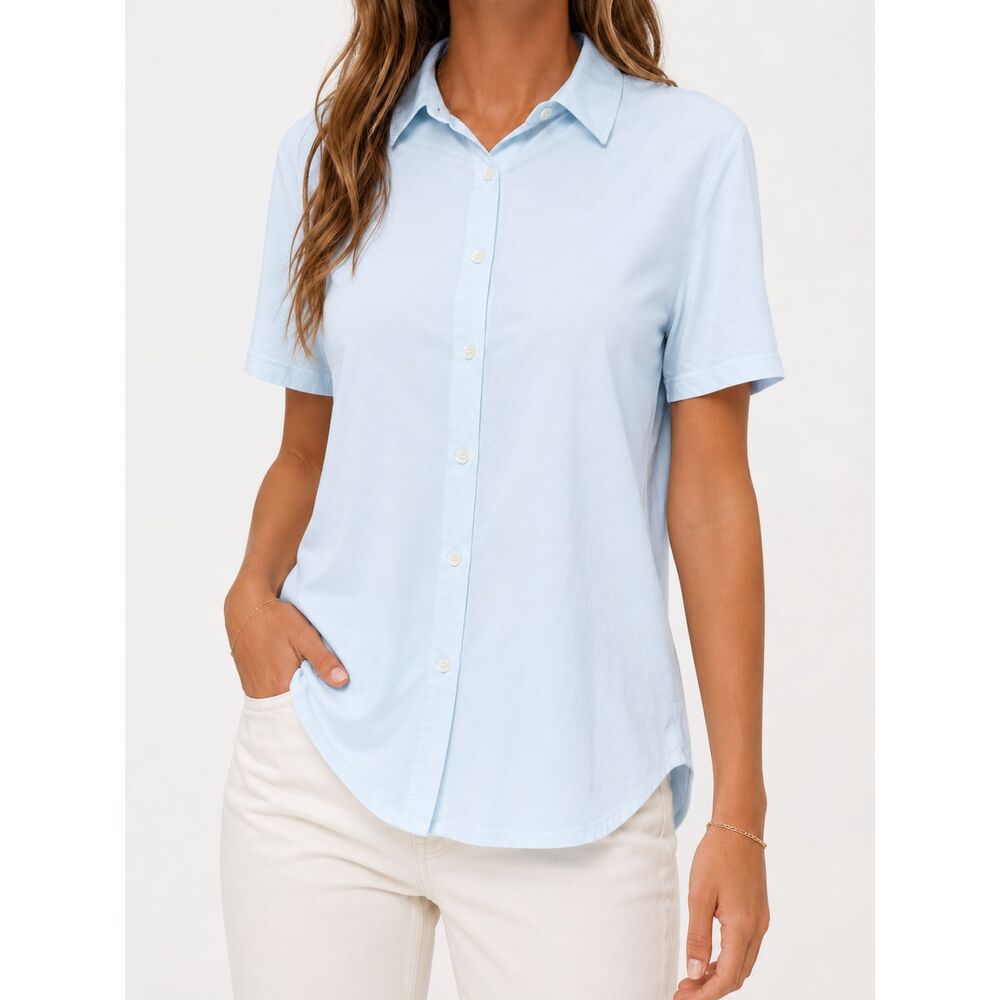 Cremieux Women's Light‎ Blue Modal Cotton Short Sleeve Button Front Knit Shirt S